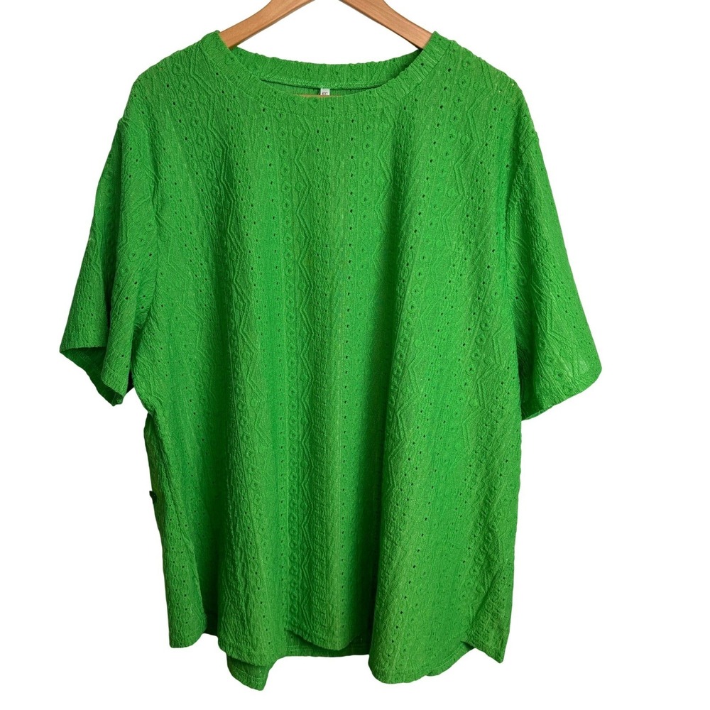 Eyelet‎ Green Top Women 4XL Short Sleeve Shirt Textured Spring Bright Vibrant
